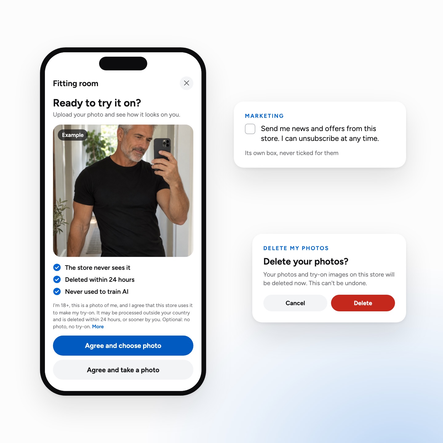 The fitting room's photo step on a phone: the store never sees the photo, it is deleted within 24 hours and never used to train AI. Beside it, the marketing box, separate and unticked, and the dialog to delete your photos.