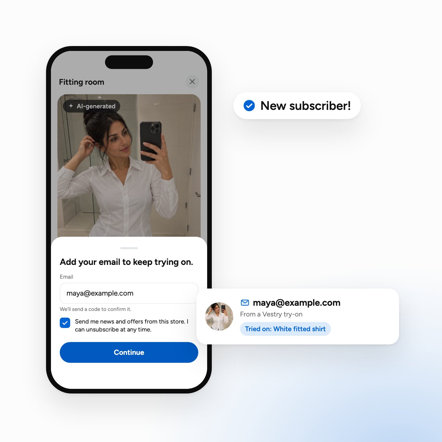 A shopper adds her email in the fitting room and ticks the separate box for news from the store; she appears as a new subscriber, with the white shirt she tried on.