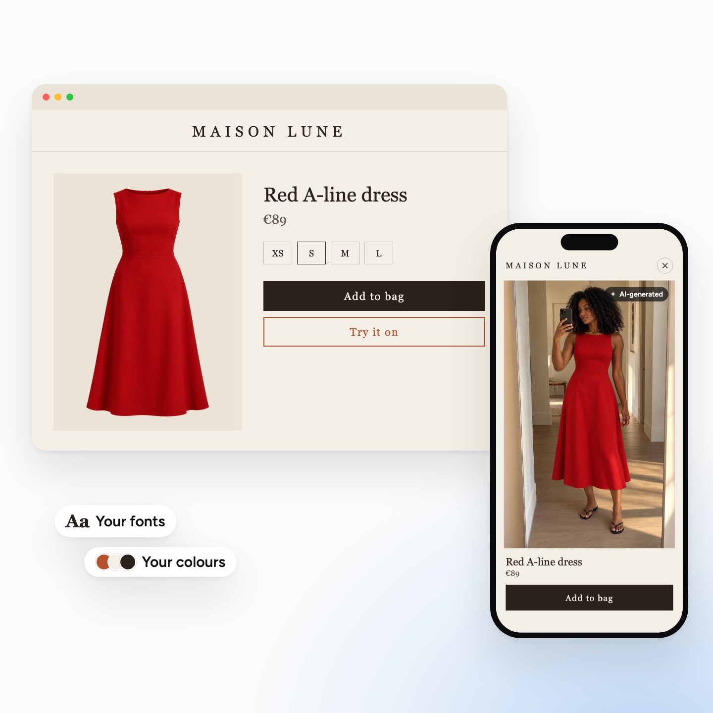 One store's cream, serif look on desktop and on a phone: the red dress product page with its own Try it on button, and the fitting room showing a woman wearing the dress.